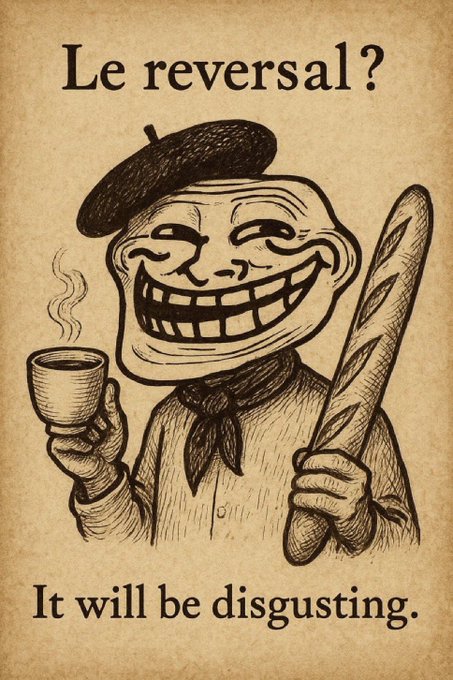 The image features a cartoon depiction of a man wearing a hat, holding a cup of coffee or tea, and a piece of bread. The caption below the illustration reads "Le Reversal? It will be disgusting." This statement seems to be a humorous response to the cartoon's content, suggesting that the man is making fun of the situation depicted in the image.