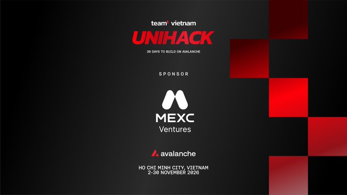 A promotional graphic for 'team vietnam UNIHACK' features red and black design with text '30 DAYS TO BUILD ON AVALANCHE', sponsor 'MEXC Ventures', and event details 'HO CHI MINH CITY, VIETNAM 2-30 NOVEMBER 2026'.