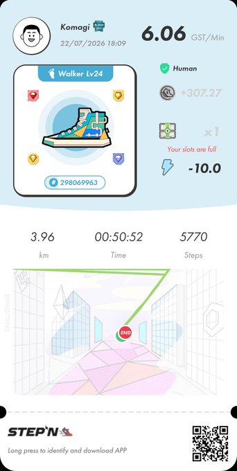 A STEP'N app screenshot showing user 'Komagi' with 6.06 GST/Min earnings and a walking distance of 3.96 km.