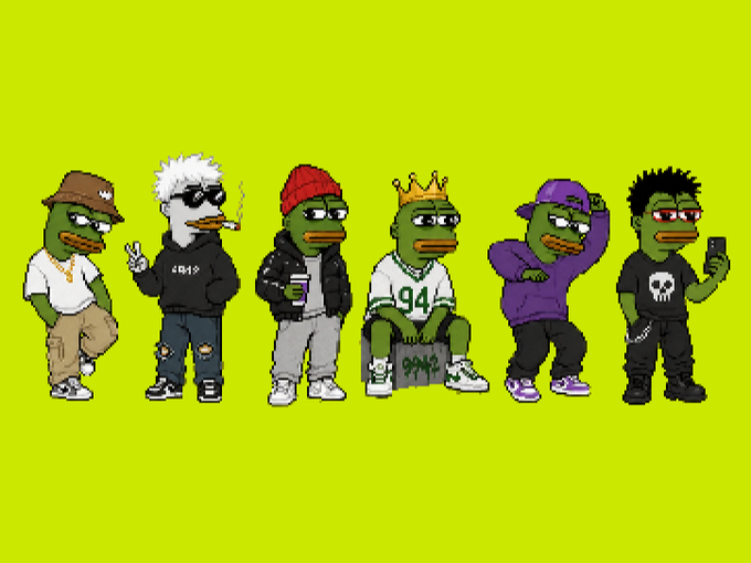 Six cartoon duck characters in various streetwear outfits (including 'GRAVITY', a crown with '94', and skull prints) stand against a bright yellow-green background.