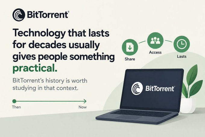 A BitTorrent marketing slide stating 'Technology that lasts for decades usually gives people something practical,' highlighting Share, Access, and Lasts.