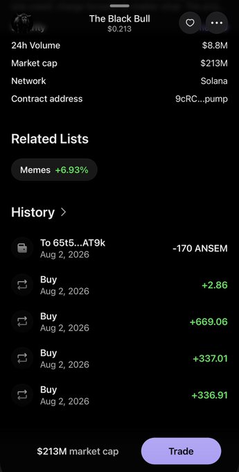 Cryptocurrency trading interface showing 'The Black Bull' token at $0.213 with $213M market cap on Solana network, displaying transaction history of buy orders.