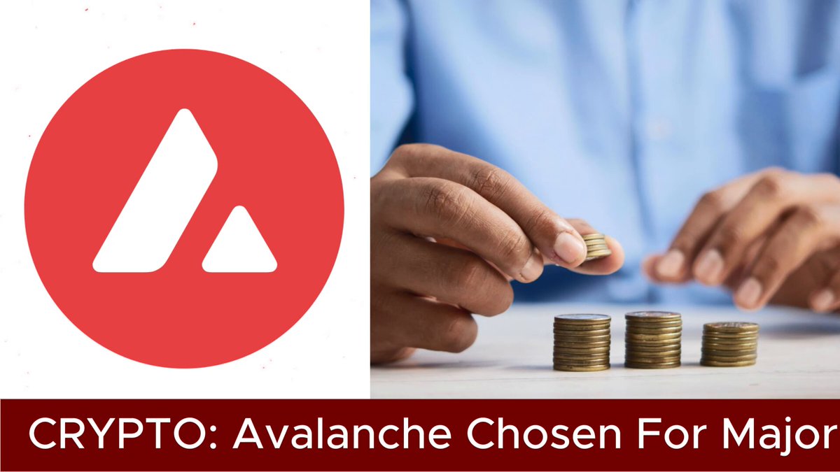 The image features a person's hand holding up three stacks of gold coins, with the text "CRYPT! Avalanche Chosen For Major" above them. This suggests that the coin being discussed might be related to cryptocurrency or blockchain technology. The post also mentions an initiative called the Avalanche Ledger, which is focused on modernizing equipment financing through blockchain rails and using private credit for this purpose.