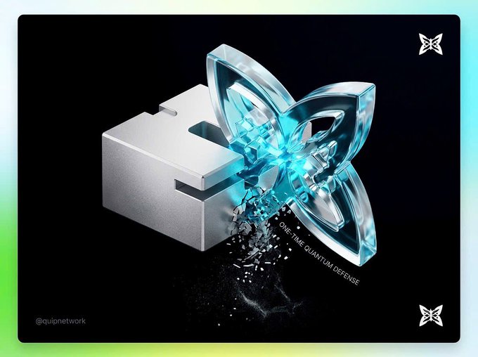 A digital artwork shows a translucent cyan butterfly emerging from a white block with text 'ONE-TIME QUANTUM DEFENSE' and '@quipnetwork' watermark.