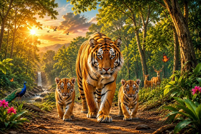 A vibrant digital artwork depicting a tiger family—a large adult tiger with two cubs—walking along a forest path at sunset, with a peacock, deer, and butterfly in the lush surroundings.