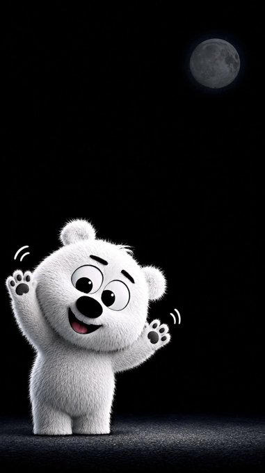 A fluffy white cartoon bear waves happily in the dark with its arms raised, with a full moon visible in the black night sky above it.