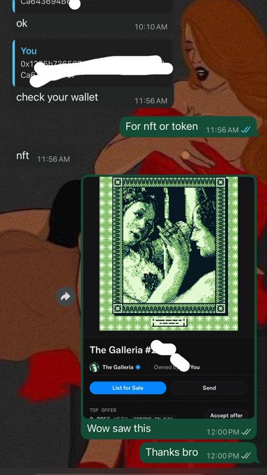 A WhatsApp conversation where someone says "check your wallet" followed by an NFT titled "The Galleria" being airdropped, with the recipient responding "Wow saw this" and "Thanks bro." The image directly supports the post by showing the actual airdrop conversation and the NFT received, highlighting the friendly gesture of crypto friends sending NFTs to each other.