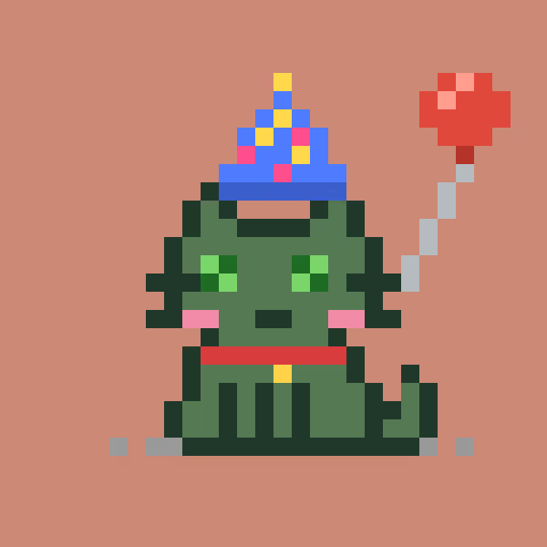 Pixel art of a green creature wearing a colorful party hat and holding a red heart-shaped balloon against a salmon background.