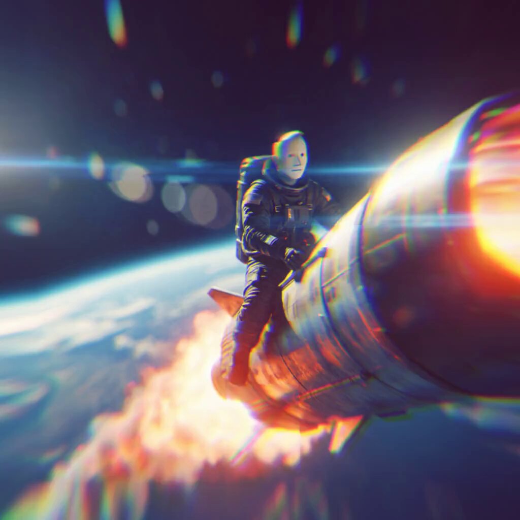 [insert: [0.44, 0.13, 0.63, 0.34]]: A man with a mask on his face sitting inside of a rocket ship.