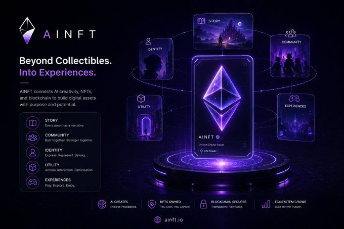 A promotional graphic for 'AINFT' with the tagline 'Beyond Collectibles. Into Experiences,' highlighting features like Story, Community, Identity, Utility, and Experiences around a glowing Ethereum logo.