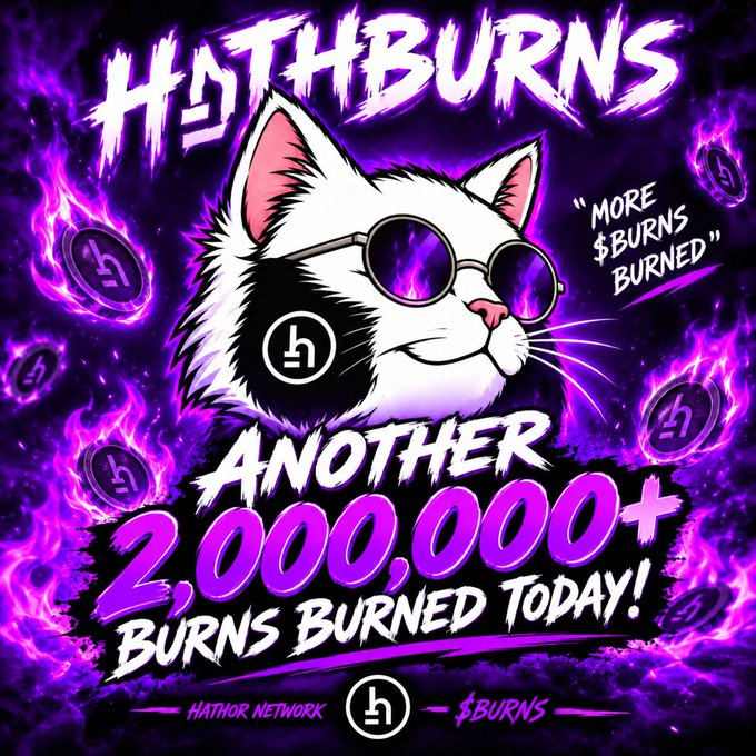 A stylized promotional graphic with purple flames for 'H♭THBURNS' and 'HATHOR NETWORK', stating 'ANOTHER 2,000,000+ $BURNS BURNED TODAY!' and 'MORE $BURNS BURNED'.