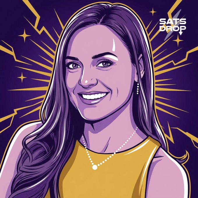 A purple and gold illustrated portrait of a smiling woman with long hair, branded with 'SATS DROP' in the top right corner.