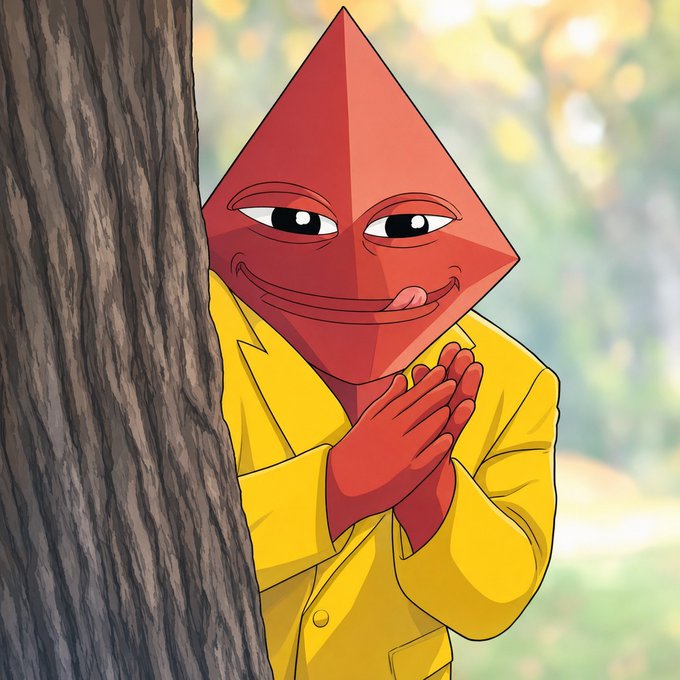 An illustration of a red, diamond-shaped cartoon character with a mischievous smile peeking out from behind a tree, wearing a yellow jacket with hands clasped together.
