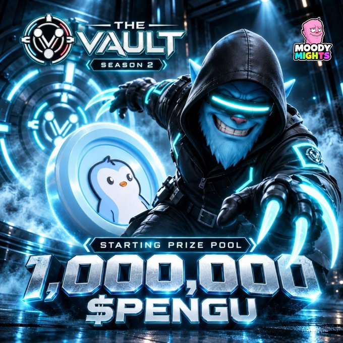 A promotional graphic for "THE VAULT SEASON 2" featuring a blue-skinned, masked ninja-like character wielding glowing cyan claws alongside a cartoon penguin on a coin, with text announcing a "STARTING PRIZE POOL 1,000,000 $PENGU" and a "MOODY MIGHTS" logo in the corner—visually emphasizing the launch of a high-stakes $PENGU rewards event on the Abstract Portal as teased in the post.