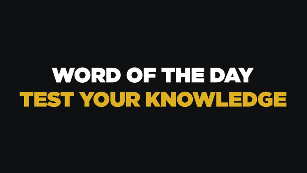 A black graphic displays 'WORD OF THE DAY' in white text above 'TEST YOUR KNOWLEDGE' in yellow text.