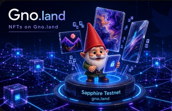 Promotional graphic for Gno.land featuring a gnome character holding an NFT card, with text reading "Gno.land NFTs on Gno.land" and "Sapphire Testnet gno.land" on a glowing platform.