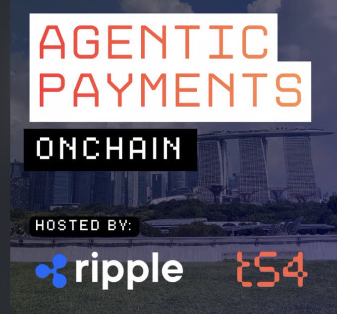 The image features a poster for an event called "Agentic Payments On XRPL". The poster displays a city skyline with a large building, indicating that the event might be held at a venue located near a prominent urban area. The text on the poster reads "Agents payments on XRPL is an exclusive, invite-only gathering at the intersection of AI, autonomous agents, and next-generation payment infrastructure". This suggests that the event will focus on the latest advancements in AI and payment technology, with a specific emphasis on agent payments.