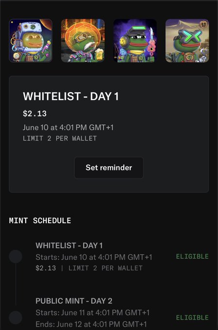 The image shows a screenshot of an app called "Whiteelist", which displays three different days of the week displayed, including a weekend day. The text within the app indicates that this is a reminder to set up public mints for each day. In the description provided, it seems as if someone has posted about their Minting Club on social media and described one of their peers from this club, which has been named "PepeExplorers". This information suggests that the person might be sharing details of the club's activities or announcing upcoming events related to Minting, a process where users receive digital currency in exchange for participating in certain tasks or services.