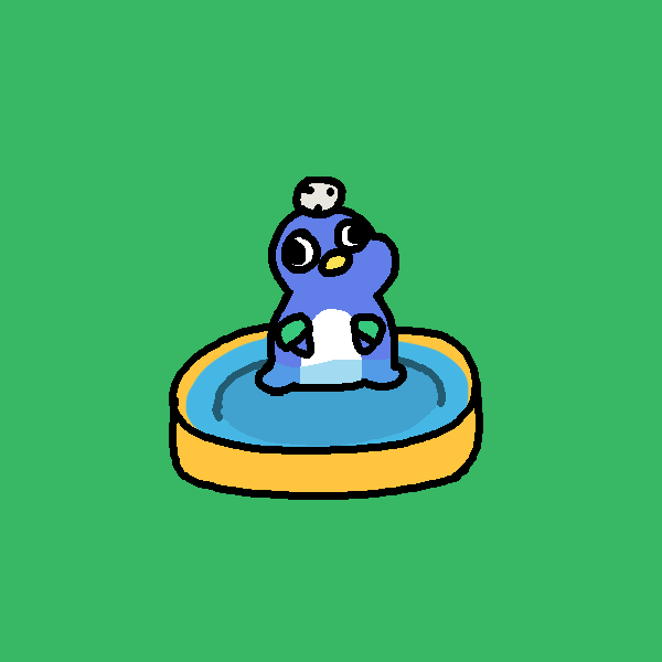 A cartoon illustration of a blue penguin-like character with a white belly and a small antenna or ball on its head, sitting in a yellow-rimmed blue inflatable pool against a solid green background.