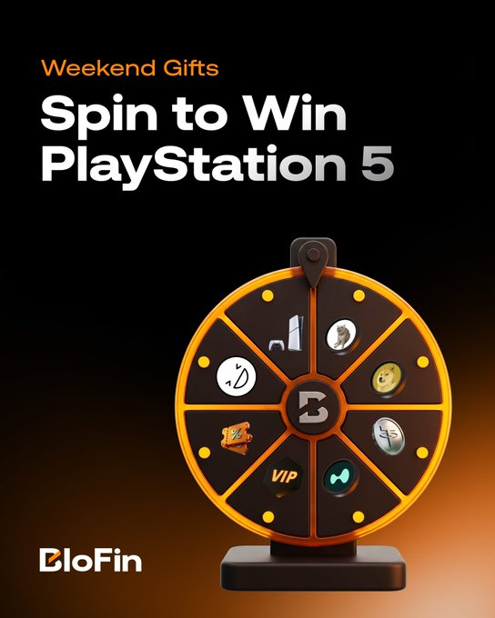 A promotional graphic for BloFin's "Weekend Gifts: Spin to Win PlayStation 5" lucky spin event features an orange and black prize wheel adorned with various reward icons, including a "VIP" diamond, against a dark background, encouraging users to trade for a chance to win the grand prize.