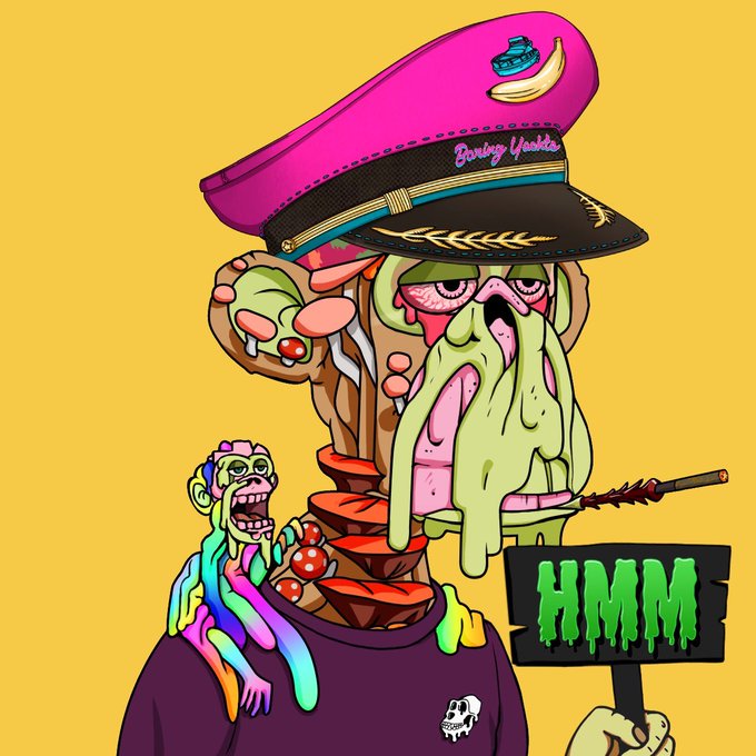 A vibrant, grotesque cartoon illustration features a melting, zombie-like character wearing a pink captain's hat with a banana on it, holding a sign that reads "HMM" with green slime dripping from its face.