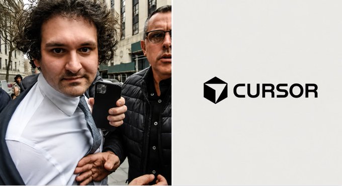 A split image shows Sam Bankman-Fried (SBF) in a suit on the left, and the 'CURSOR' logo with its 3D cube icon on the right.