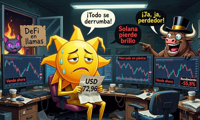 A cartoon illustration in Spanish depicts a sweating sun character reading a paper showing 'USD 72,96,' surrounded by computer screens displaying declining charts and speech bubbles like '¡Todo se derrumba!' and 'Solana pierde brillo,' with a bull character laughing.