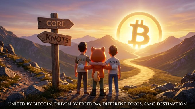 A boy and a cat complimenting each other's potential as bitcoiners, standing before a fork in the road to Core and Knots, with the bitcoin logo shining above them, serving as inspiration and a reminder that there are various ways to achieve the same goal of defeating banks, institutions, and government manipulator of information and wealth. The similarity of thought and interest in bitcoins should be embraced and united for common good.