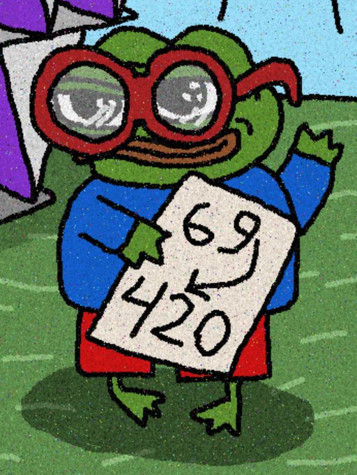 A cartoon illustration of a green frog wearing red goggles and a blue jacket, holding a sign that reads '69 420'.