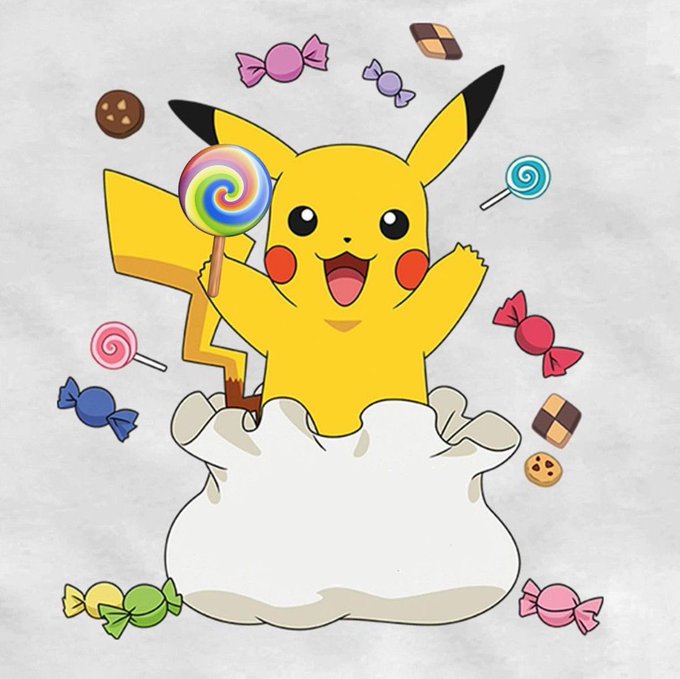 An illustrated Pikachu sits in a white sack holding a rainbow swirl lollipop, surrounded by scattered candies and chocolates on a light gray background.