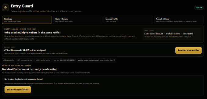 A dark-themed dashboard titled 'Entry Guard' displays findings about a Discord wallet, showing 475 raffles saved, 54,618 entries analyzed, and 34,419 verified entries, with sections confirming no identified accounts need action and no proven duplicate-entry accounts.