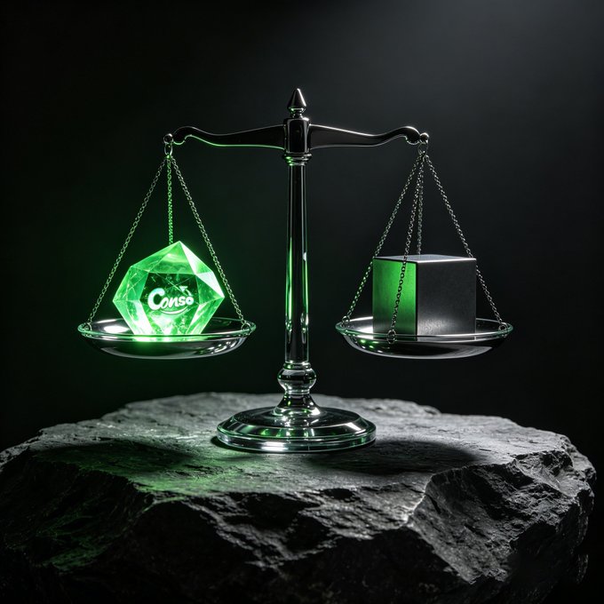 A digital illustration of a balance scale on a stone, weighing a glowing green geometric shape labeled "ConSE" against a dark cube.
