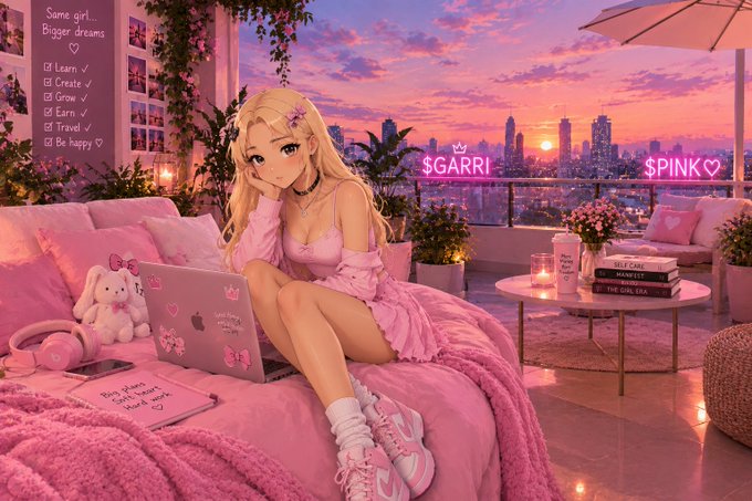 An anime-style illustration of a blonde girl in pink loungewear sitting on a pink bed with a laptop, featuring text like 'Some girl... Bigger dreams', 'Learn, Create, Grow, Earn, Travel, Be happy', '$GARRI', and '$PINK' with a sunset cityscape in the background.