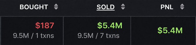 A trading interface displays a transaction history where **9.5M units** were purchased at **$187** and subsequently sold for **$5.4M**, resulting in a realized profit of **$5.4M**—illustrating the massive gains from the memecoin flip mentioned in the caption.