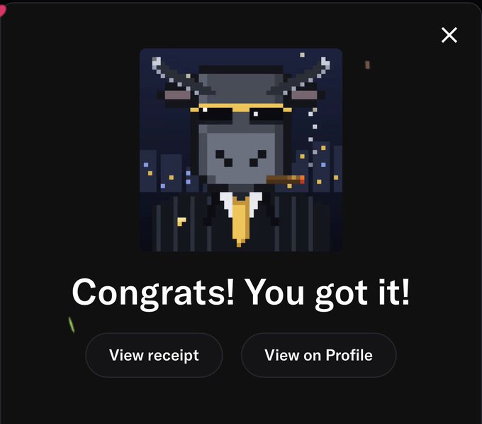 Congratulations screen showing a pixel art character with horns, a suit, tie, and cigar, with options to 'View receipt' or 'View on Profile'.
