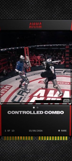 A digital trading card from AMMA titled 'CONTROLLED COMBO' depicting two armored knights fighting in an arena, dated 15/08/2026.