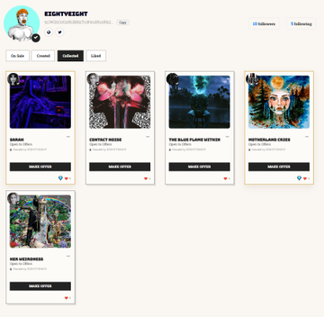 OpenSea profile page for user "EIGHTYEIGHT" showing NFT collections including "SARAH," "CONTEXT MODE," "THE BLUE FLAME WITHIN," "NETHERLANDS CRASH," and "90S KEIJIDOSUKE."