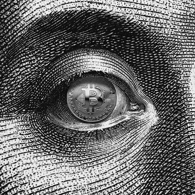 A close-up black-and-white image of a human fingerprint, with a physical Bitcoin coin placed at its center where the whorl pattern meets, visually echoing the post's caption "The eye on the target." The coin displays the iconic "₿" Bitcoin symbol and the inscriptions "BITCOIN DIGITAL DECENTRALIZED PEER TO PEER" and "VIRES IN NUMERIS FINE COPPER," symbolizing crypto's aim to be the watchful, central focus of the modern financial target.