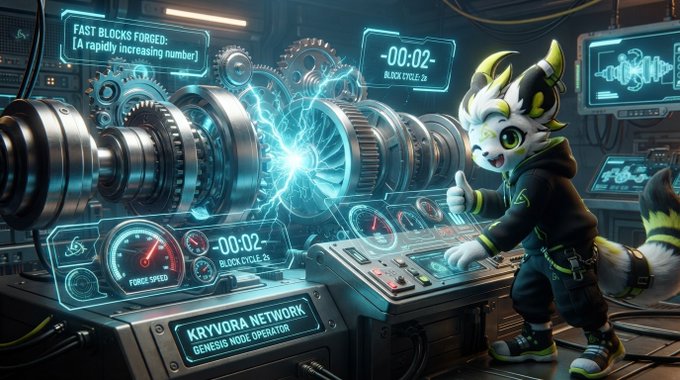 A digital illustration of a white and yellow furry mascot character giving a thumbs-up while operating a futuristic control panel. Visible text on the screens reads 'FAST BLOCKS FORGED: [A rapidly increasing number]', '~00:02~ BLOCK CYCLE: 2s', and 'KRYVORA NETWORK GENESIS NODE OPERATOR'.