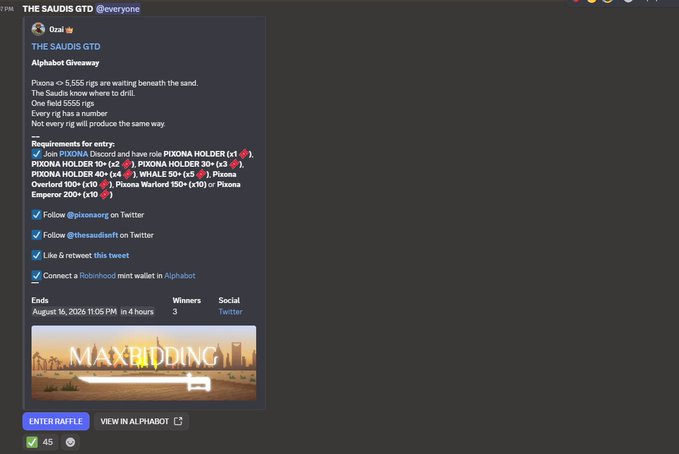 A Twitter post by '@thesaudisgt' announcing 'THE SAUDIS GTD' Alphabet Giveaway, listing Pixona NFT holding requirements and ending August 16, 2026, with options to 'ENTER RAFFLE' or 'VIEW IN ALPHABOT'.