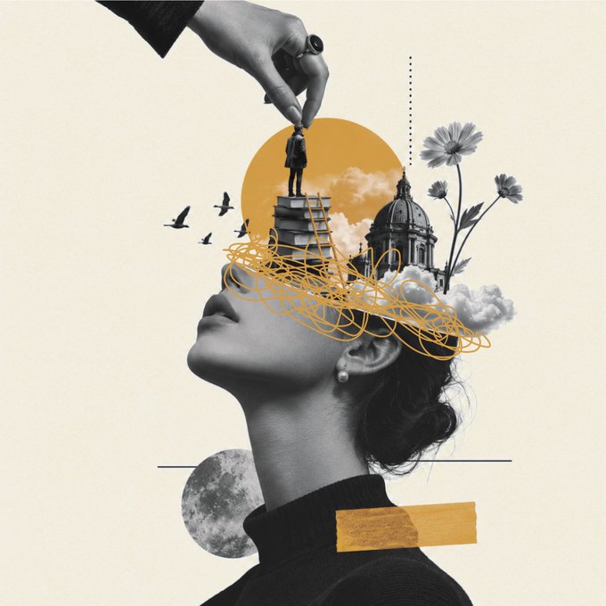 A surreal black and white collage shows a woman's face in profile with a hand lowering a tiny figure onto her head, surrounded by golden swirls, birds, a sun, a domed building, and flowers.