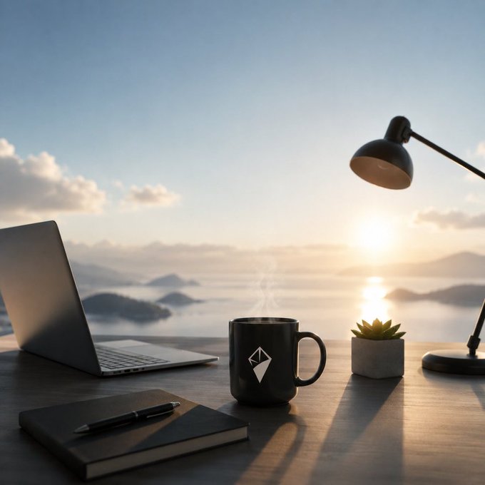 A serene desktop workspace setup at sunrise with a laptop, a black Ethereum (ETH) branded mug, a succulent plant, a notebook with pen, and a desk lamp overlooking a misty mountain landscape.