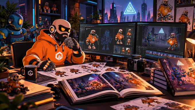 A hooded figure with a skull-like mask works at a dual-monitor setup displaying character designs and 3D models of blue and orange robots, surrounded by NFT art prints and design sketches, illustrating the creative development of the CyberThrone NFT project. The scene captures the artistic process behind transforming an NFT concept into tangible products since 2021.