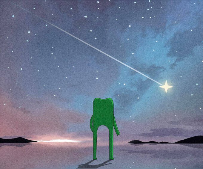 A green frog-like figure gazes at a brilliant shooting star streaking across a twilight sky above a tranquil horizon. The whimsical, dreamlike illustration complements the hopeful, motivational tone of the post about $FWOG, capturing the spirit of dreaming big under a guiding star.