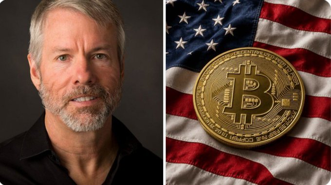 A man with gray hair and beard in a black shirt appears beside a gold Bitcoin coin resting on an American flag, visually linking Michael Saylor's bold $70B Bitcoin acquisition plan to his prediction of BTC reaching $10 million.