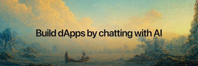 The image features a landscape painting of a calm sea under a cloudy sky with a small boat, overlaid with the text "Build dApps by chatting with AI." The artistic, serene background serves as a visual metaphor for the seamless and effortless "vibe coding" experience described in the accompanying post.