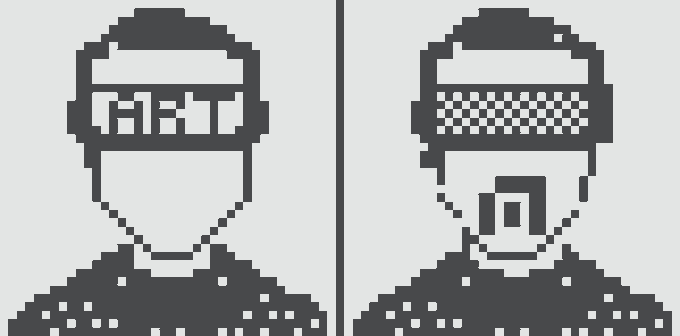 A black-and-white pixel art illustration of two figures wearing hats, one with a visor reading 'u fo' and the other with a checkered visor and a small device on their chest.