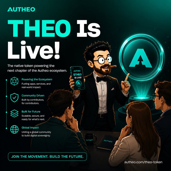 A promotional graphic for Autheo's "THEO Is Live!" token launch features a cartoon man in a tuxedo and glasses holding up a phone displaying "AUTHEO THEO IS LIVE!" alongside a glowing "A" logo, with an audience watching below. The accompanying text highlights THEO's focus on thoughtful supply design for long-term network sustainability rather than just headline metrics.
