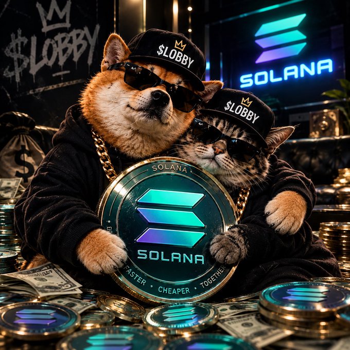 A digital illustration features two animals wearing sunglasses and black "$LOBBY" caps, surrounded by Solana coins and cash in a neon-lit setting.