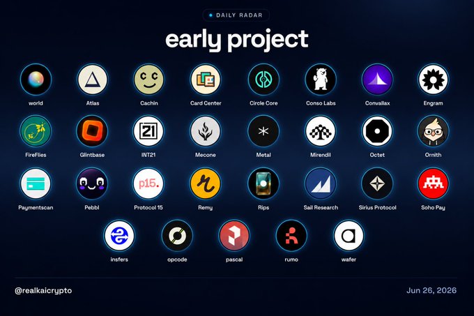 The image, titled "Daily Radar early project" and dated Jun 26, 2026, displays a grid of 25 crypto project logos under "early project," with the accompanying post about $world reaching $10M connecting to "world" being listed as the first entry in the lineup.